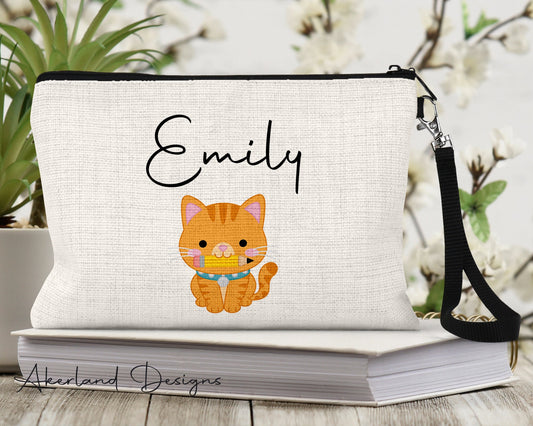 Orange Tabby Cat Lover Pencil or Make Up Pouch | Personalized with a name | Size: 9.45" x 5.90" Pencil Bag w/ Wristlet