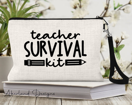 Teacher Survival Kit Pencil or Make Up Pouch | Personalized with a name | Size: 9.45" x 5.90" Pencil Bag w/ Wristlet