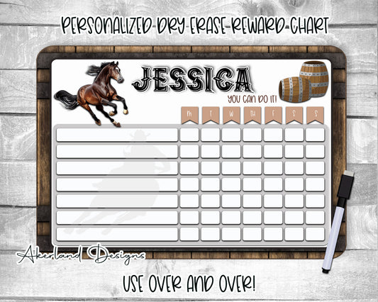 Barrel Racing - Horses - Reusable Reward Chart | Dry Erase Board with Black Dry Erase Pen and Eraser Included