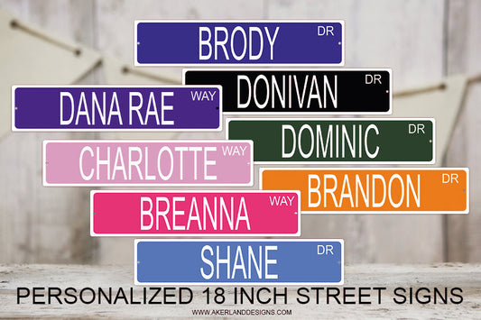 Personalized Street Signs - 4"x 18" Inch Aluminum Street Sign - Personalize with a name / phrase - Pre-Drilled Holes, Made in USA.