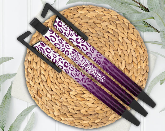 Purple Leopard Personalized Ink Pen 3pk - Teacher Appreciation Gift - Medium Point Black Ink Pen - It also holds your phone up!