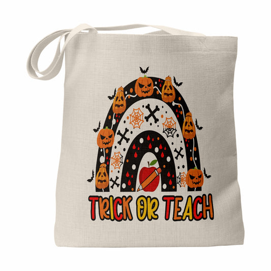 Halloween Trick or Teach Rainbow Teacher Personalized Tote Bag | Back to School Gift | Teacher Appreciation 15 x 16 inch Canvas Tote Bag