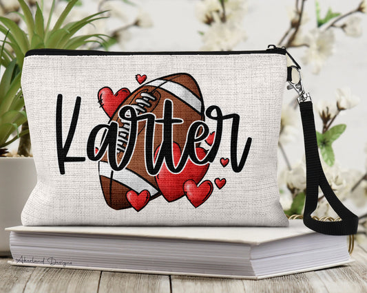 Football Zipper Bag | Make Up Pouch | Personalized with a name | Size: 9.45" x 5.90" Pencil Bag w/ Wristlet