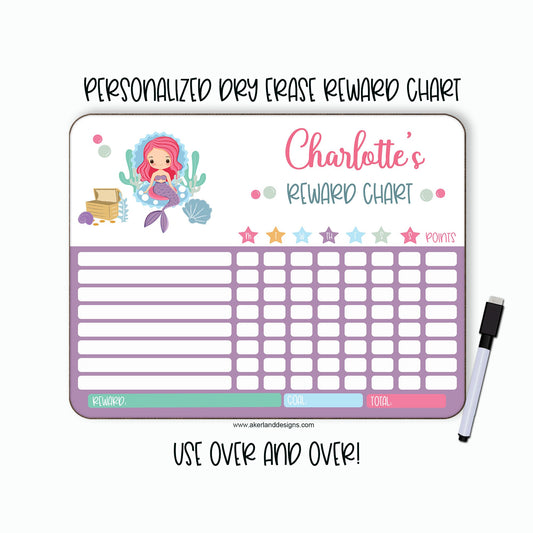 Mermaid Reusable Reward Chart | Personalized Dry Erase Chore Chart | Dry Erase Board with Black Dry Erase Pen and Eraser Included
