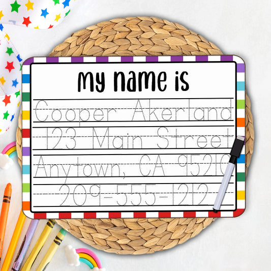 Personalized Reusable Name Practice Trace Board | Dry Erase Board with Black Dry Erase Pen Included | Home School Tools | Primary Design