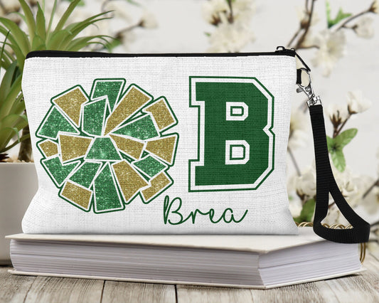 Cheer Team Make Up Bag Green and Gold MakeUp Pouch Personalized with a name | Size: 9.45" x 5.90" Pencil Bag w/ Wristlet