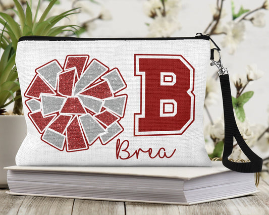 Cheer Team Make Up Bag Red and Silver MakeUp Pouch Personalized with a name | Size: 9.45" x 5.90" Pencil Bag w/ Wristlet