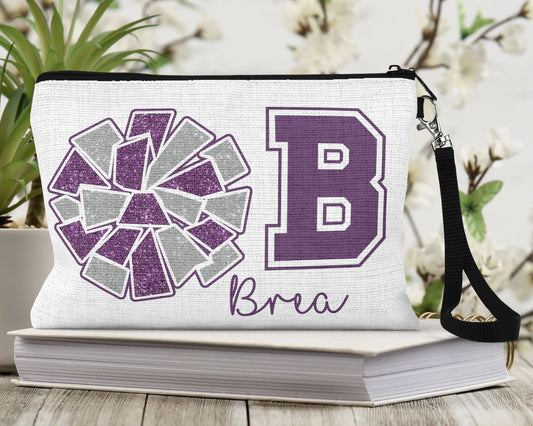 Cheer Team Make Up Bag Purple and Silver MakeUp Pouch Personalized with a name | Size: 9.45" x 5.90" Pencil Bag w/ Wristlet