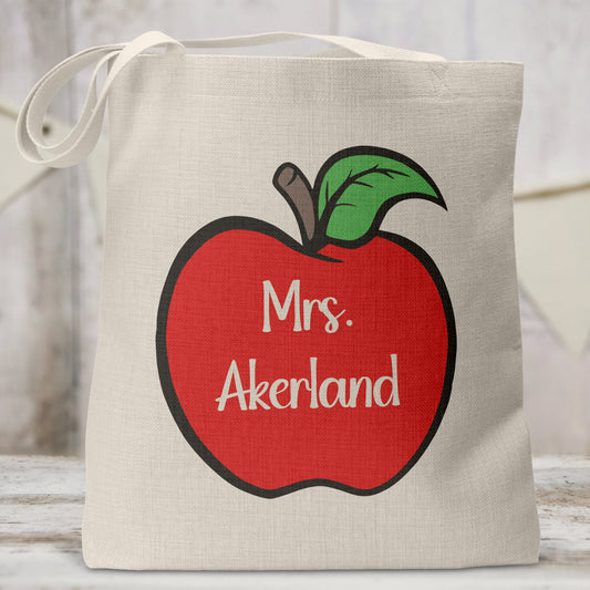 Teacher Personalized Tote Bag - Back to School Gift 15 x 16 inch Canvas Tote - Teacher Gift Red Apple