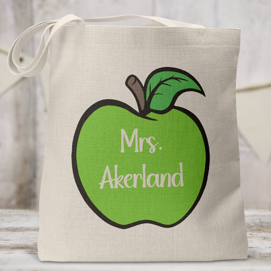 Teacher Personalized Tote Bag - Back to School Gift 15 x 16 inch Canvas Tote - Teacher Gift Green Apple
