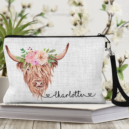 Highland Cow Cosmetic Bag Personalized with a name Bridesmaid Gift | Size: 9.45" x 5.90" Pencil Bag w/ Wristlet