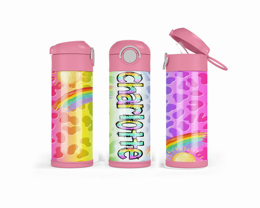 Leopard Rainbow Kids Flip Top SPILL PROOF 12oz Tumbler Personalize with a name Birthday Gift for Kids Back to School Cups Reusable Kids Cups