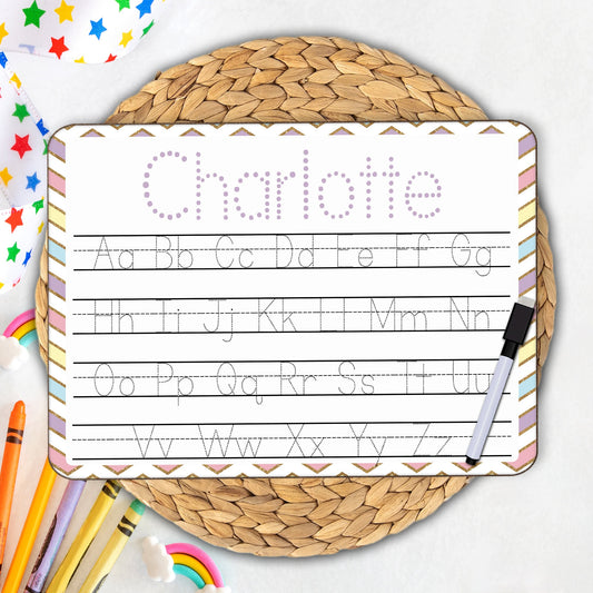 Personalized Reusable Alphabet Practice Trace Board | Dry Erase Board with Black Dry Erase Pen Included | Home School Tools | Rainbow Design